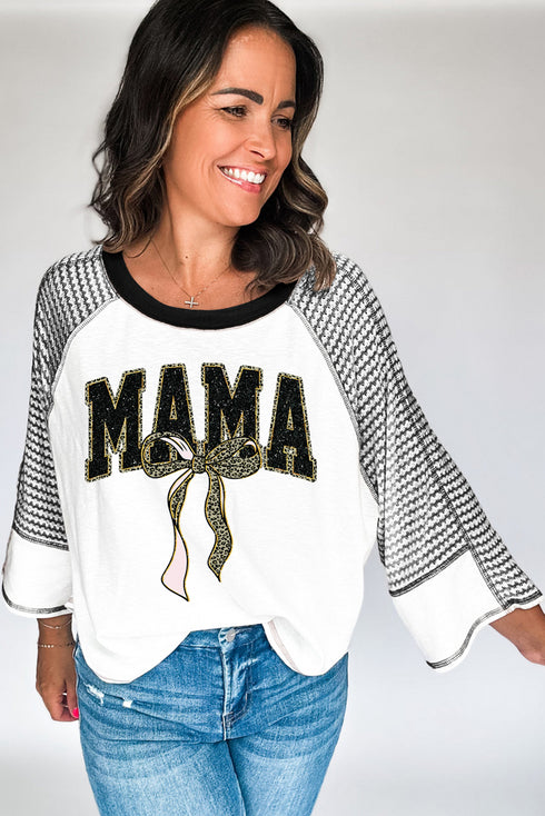 Black MAMA Leopard Bow Print Contrast Sleeves Loose Top